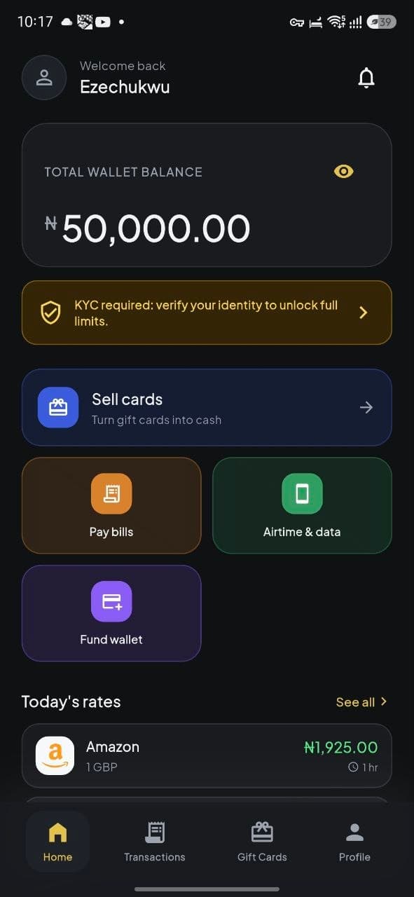 Swaply app — wallet balance, bill payments and gift card rates