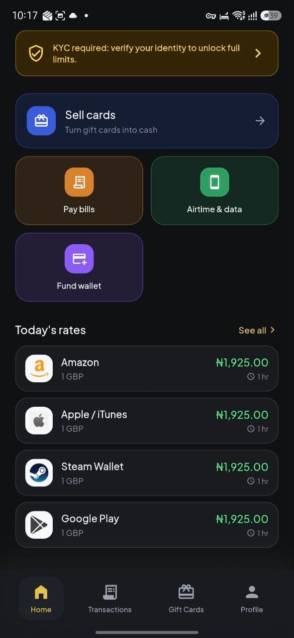 Swaply app — pay bills, buy airtime, check gift card rates